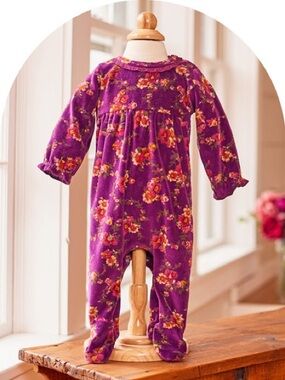April Cornell Amelia Plum Purple Floral Velour Baby Romper 0-6 months